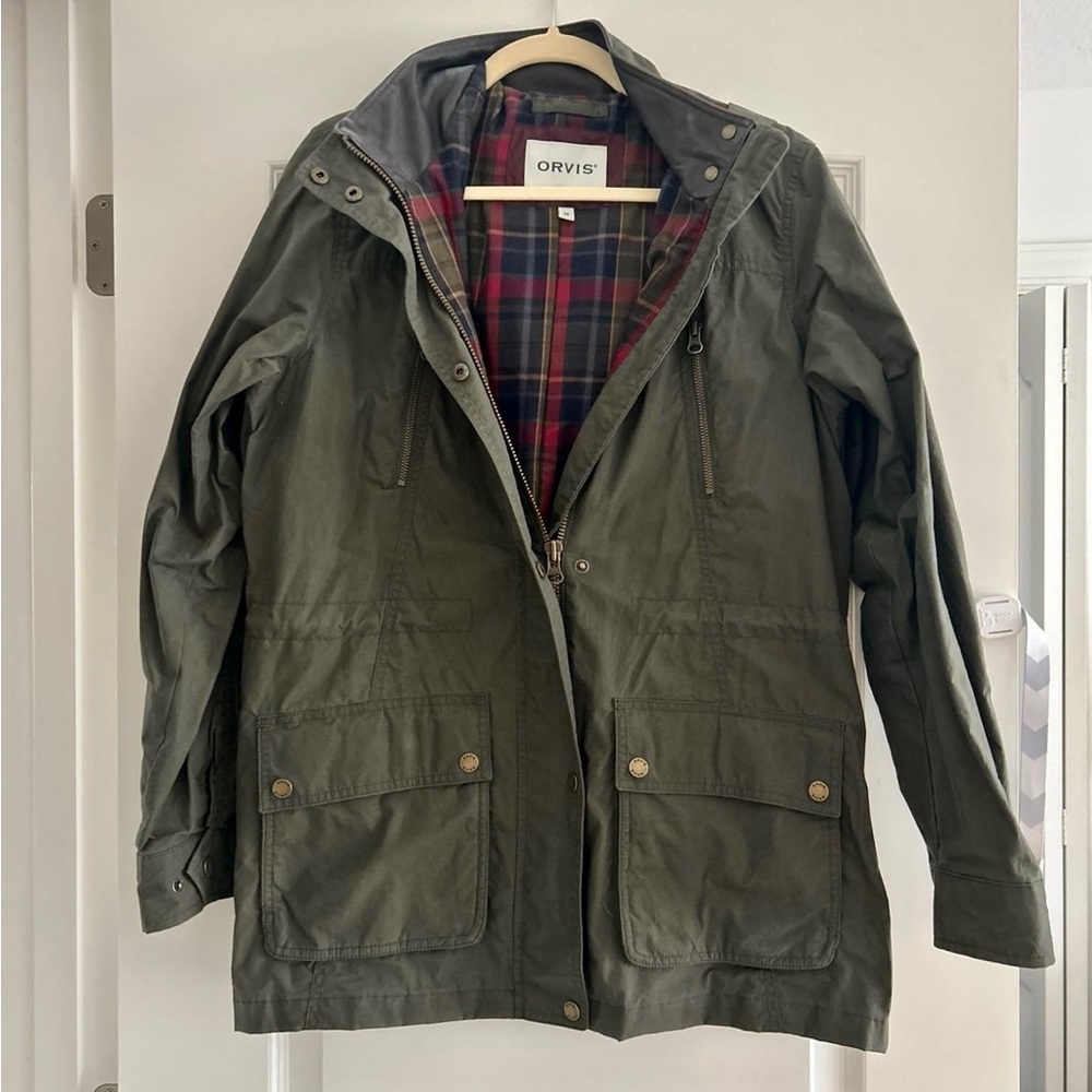 Orvis Olive Waxed Cotton Jacket with Plaid Flannel Lining
